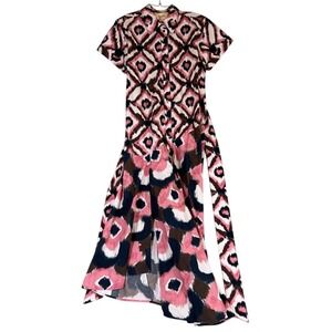 Figue Pink Brown Ikat Geometric Short Sleeve Asymmetric Midi Shirt Dress Belted